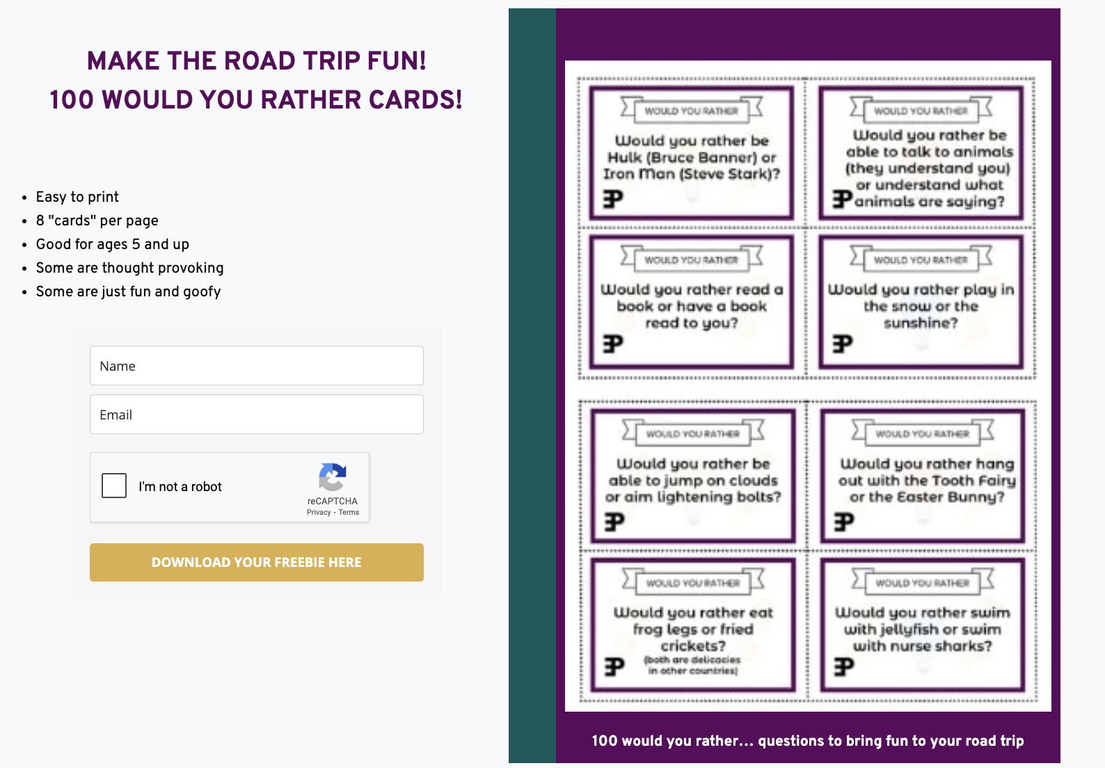 A webpage offers a free download of 100 "Would You Rather" cards for kids’ road trips, featuring a signup form on the left and sample question cards on the right—perfect for a school party or summer birthday fun.